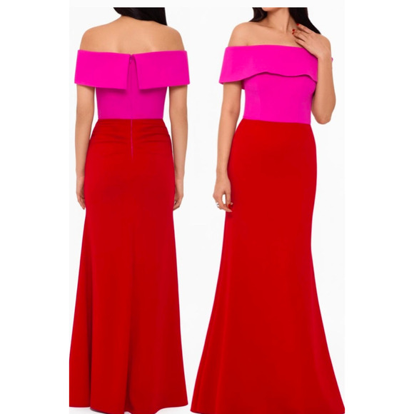 Betsy & Adam Pink/Red Off the Shoulder Long Formal Gown Dress, size 6 - Picture 1 of 11